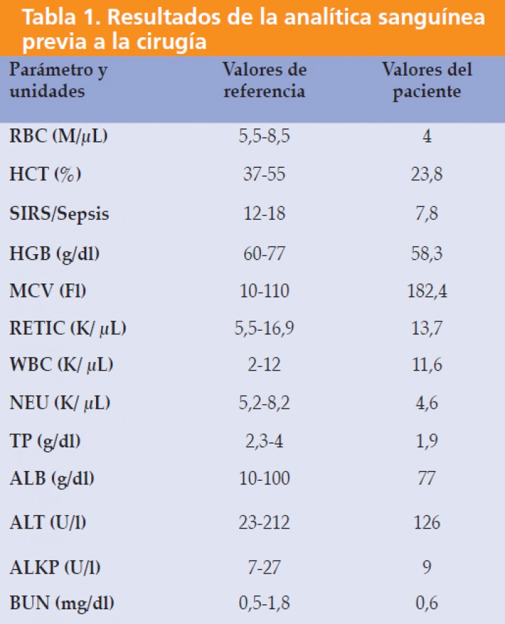 <div class=\"Basic-Text-Frame\">
<p>RBC: glóbulos rojos; HCT: hematocrito; SIRS: síndrome de respuesta inflamatoria sistémica; HGB: hemoglobina; MCV: volumen corpuscular medio; RETIC: reticulocitos; WBC: leucocitos; NEU: neutrófilos; TP: proteínas totales; ALB: albúmina; ALT: alanina aminotransferasa; ALKP: fosfatasa alcalina plasmática; BUN: nitrógeno uréico en sangre.</p>
</div>