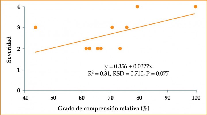 <p>Gráfico de análisis de regresión lineal sobre grado de compresión relativo.</p>