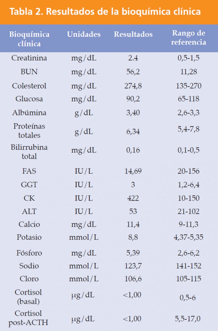 <p>BUN: nitrógeno ureico en sangre, FAS: fosfatasa alcalina; GGT: gamma-glutamil transpetidasa; ALT: alanina aminotranferasa; CK: creatina quinasa; ACTH: hormona adrenocorticotropa.</p>