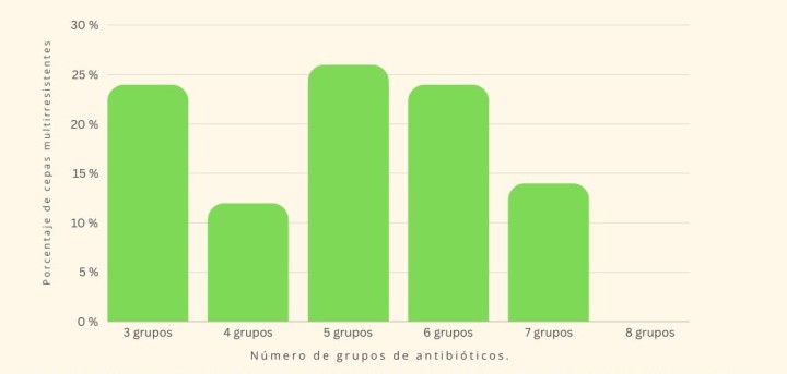 <p>Porcentaje de cepas de <em>Staphylococcus pseudintermedius</em> multirresistentes en función del número de grupos de antibióticos a los que muestran resistencia.</p>