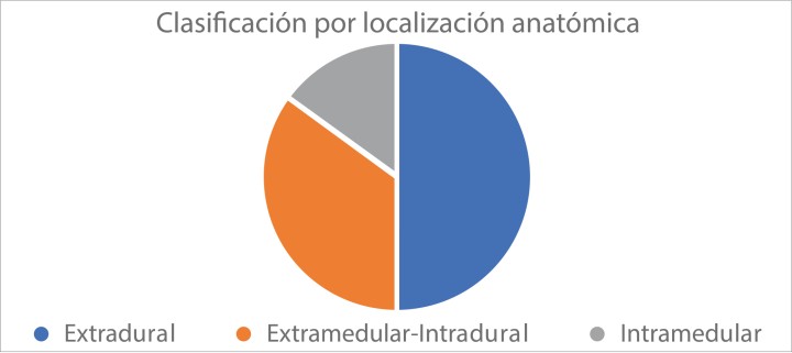 Clasificación de los tumores espinales en función de su localización.&nbsp;Los tumores extradurales (ED)&nbsp;suponen aproximadamente el 50&nbsp;% de todos los tumores que afectan a la médula espinal y, habitualmente, se originan desde la vértebra, aunque también pueden tener su origen en los tejidos epidurales (por ejemplo, grasa epidural). Tumores vertebrales tales como osteosarcoma, condrosarcoma, plasmocitoma y fibrosarcoma son clásicos tumores extradurales. El osteosarcoma es el tumor, con origen en la vértebra, más común en la especie felina y canina. Los tumores intradurales-extramedulares (ID-EM) suponen el 35&nbsp;% de todos los tumores espinales, siendo los meningiomas los tumores ID-EM más comunes y, al mismo tiempo, el tumor medular primario más frecuente en ambas especies. Finalmente, aproximadamente el 15&nbsp;% de los tumores espinales son intramedulares (IM); sin embargo, un tercio de los tumores engloban varios compartimentos. En perros, el ependimoma y los gliomas son los tumores primarios IM que se diagnostican con más frecuencia, mientras que el hemangiosarcoma y el carcinoma de células transicionales son los tumores secundarios IM más habituales.