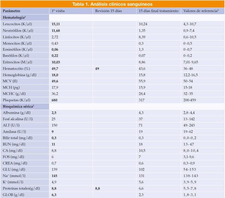 <p>En negrita aparecen los valores fuera de los intervalos de referencia. MCV: volumen corpuscular medio; MCH: hemoglobina corpuscular media; MCHC: concentración de hemoglobina corpuscular media; ALT: alanina aminotransferasa; Bilir total: bilirrubina total; BUN: nitrógeno ureico sanguíneo; CA: calcio; FOS: fósforo; CREA: creatinina; GLU: glucosa; Na(+): sodio; K(+): potasio; GLOB: globulinas.</p>