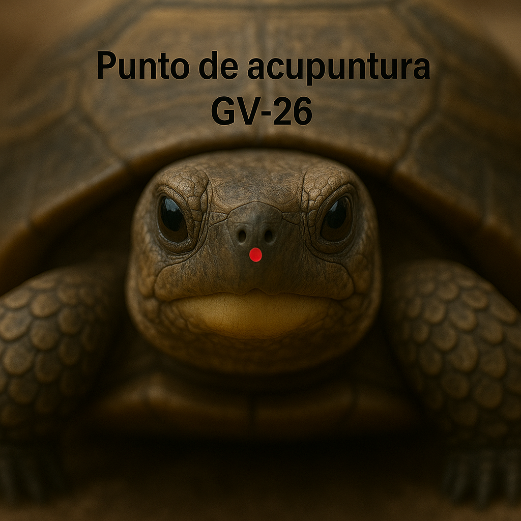  Localización del punto de acupuntura GV-26 en una tortuga de tierra. Este punto se encuentra en la línea media, justo entre las narinas y el borde rostral del pico.